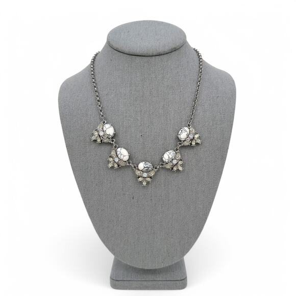 Loft Rhinestone Statement Necklace White Gray Marbled Stones - Picture 2 of 8
